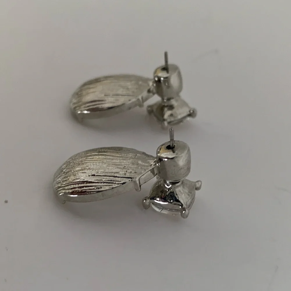 Clear Jewel Rhinestone Teardrop Earrings with Stud Silver Toned Hardware